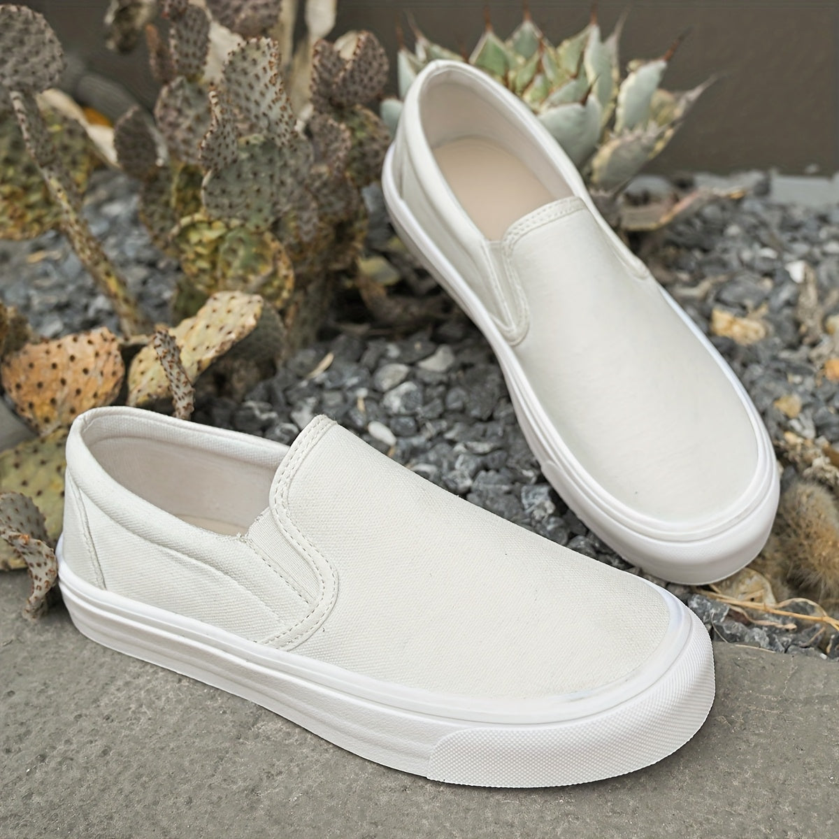 Women's White Slip-On Sneakers Low Top Casual Shoes with Thick Sole