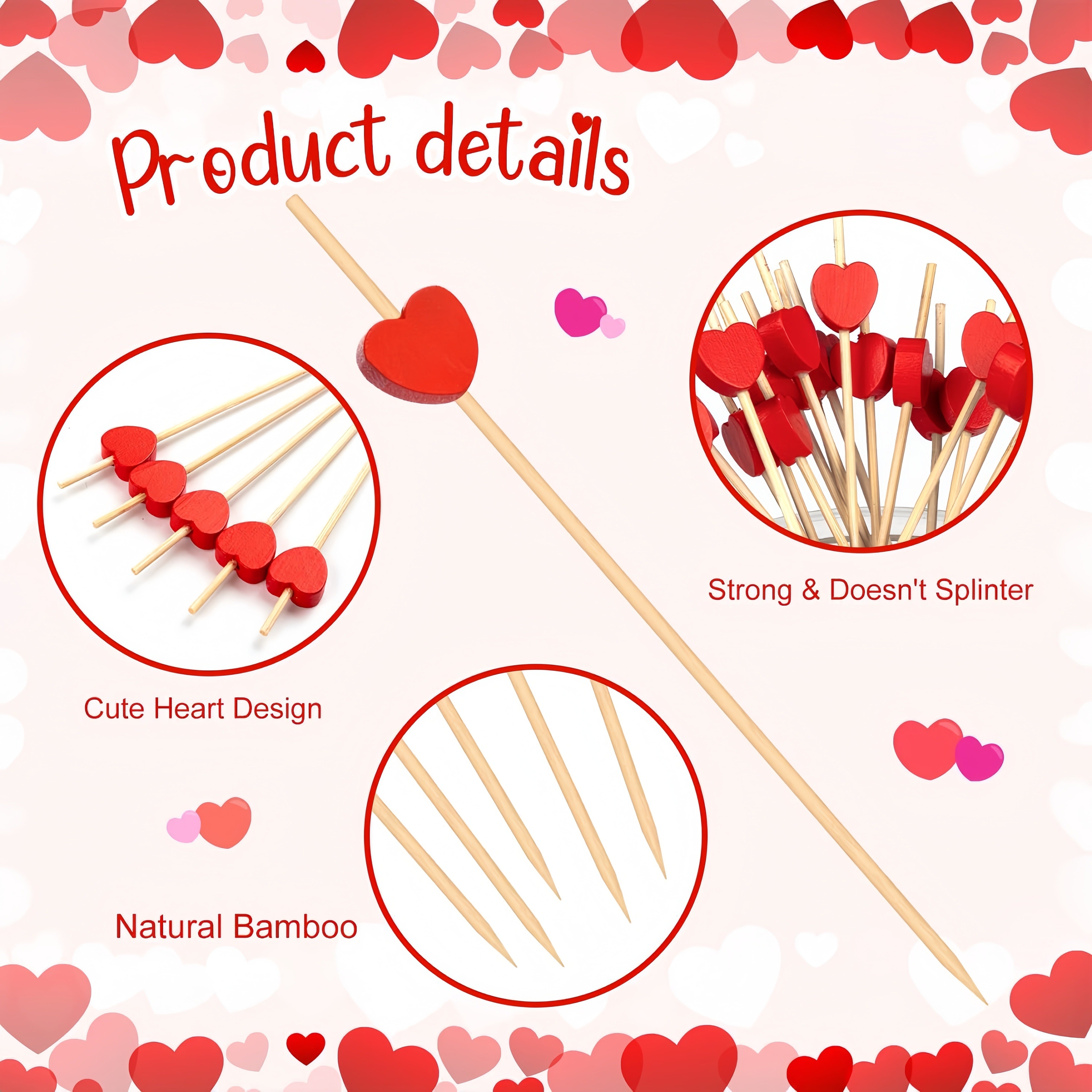 100 Pcs Red Heart Cocktail Picks Bamboo Skewers for Weddings and Parties