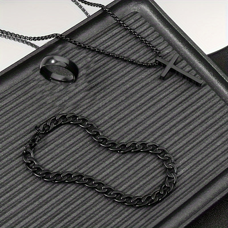 Set of 3 Stainless Steel Jewelry Pieces Cross Necklace Hollow Bracelet Smooth Ring Gunmetal