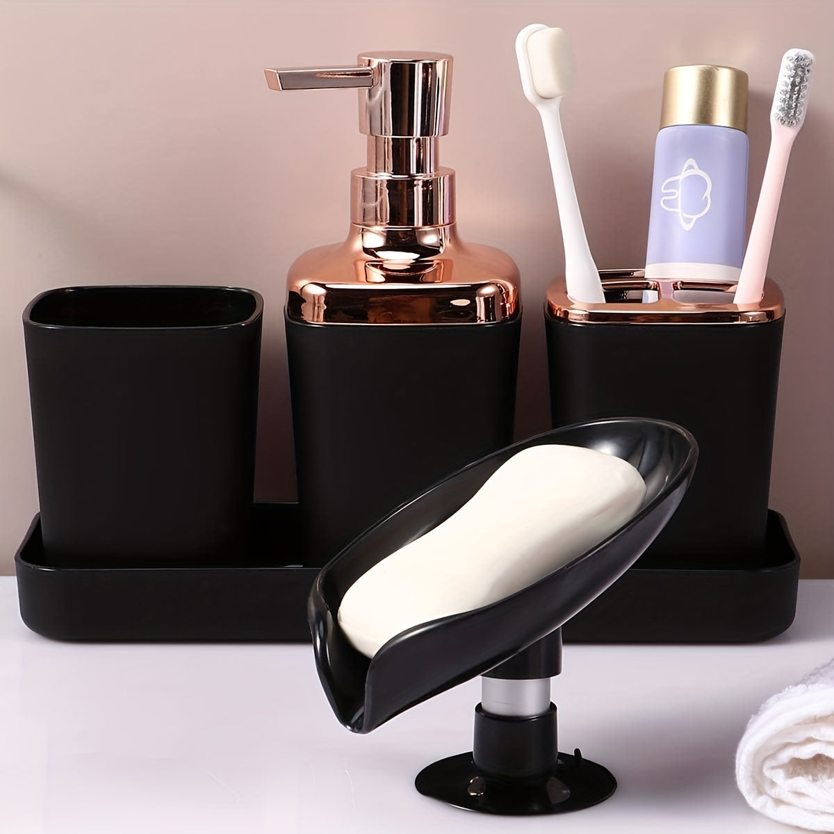 Black Bathroom Accessories Set with Lotion Dispenser Toothbrush Holder and Soap Dish