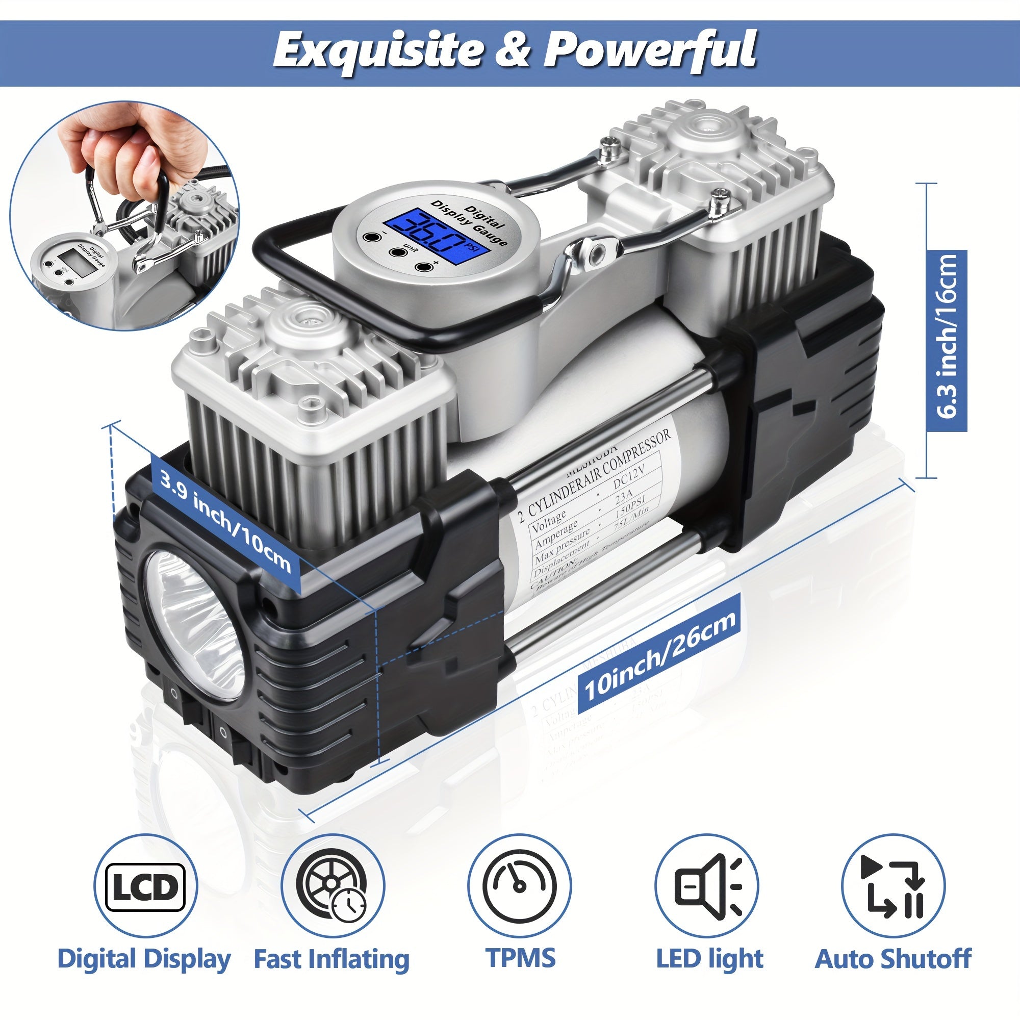 Twin Cylinder 12V Portable Air Compressor for Vehicles Bicycles and Inflatables