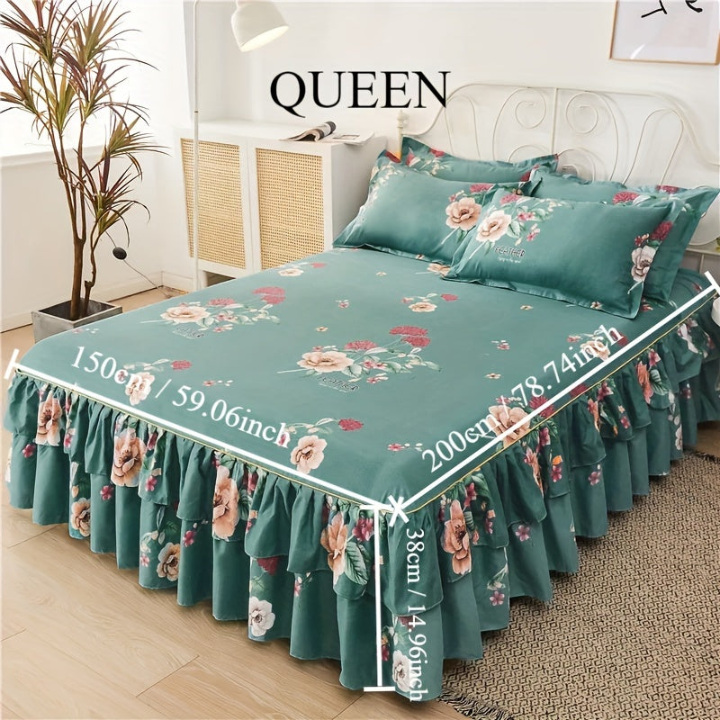 Flower Printed Bedding Set with Bed Skirt and Pillowcases All Seasons Universal