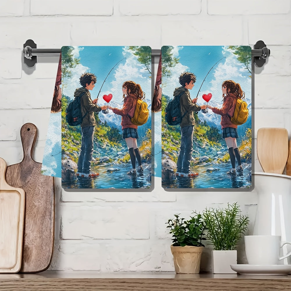 Set of 2 Anime Boy and Girl Kitchen Towels 16x24 Ultra Soft Absorbent