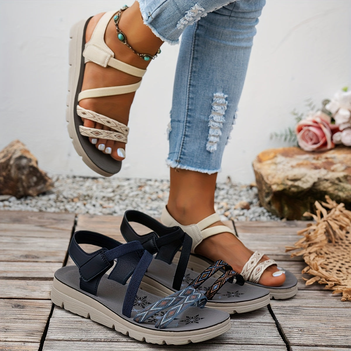 Women's Summer Sandals Synthetic Open-Toe Braided Straps White Navy Blue