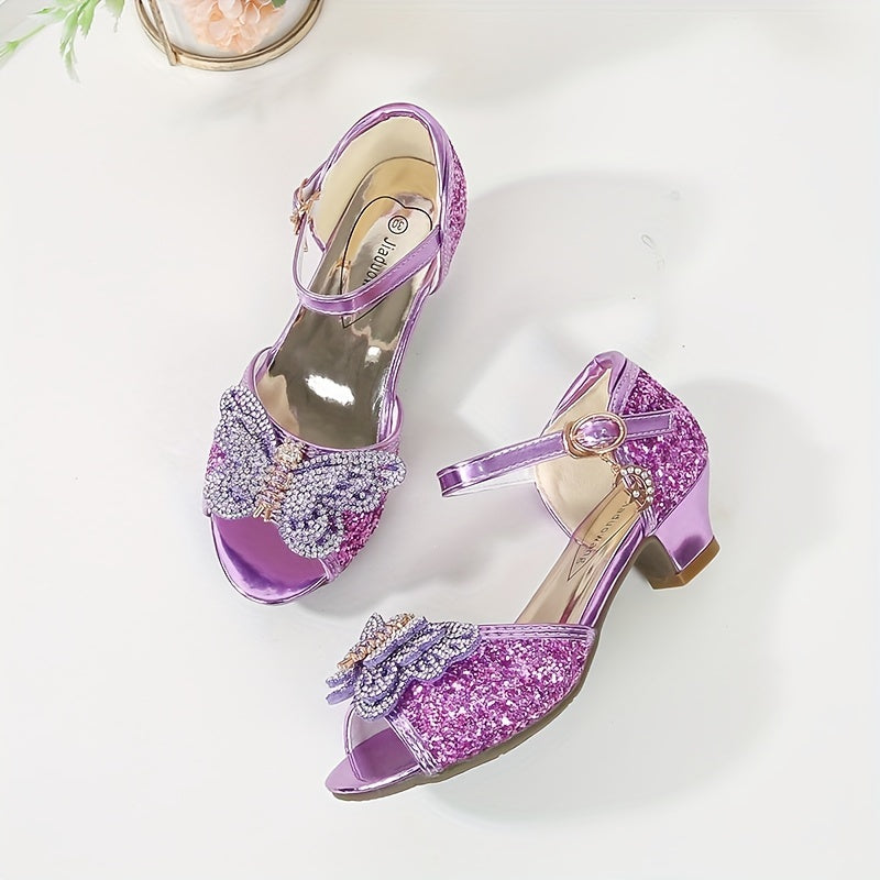 Девочки летние туфли-танцевальные на каблуке в стиле бабочка принцесса с пайетками и пряжкой