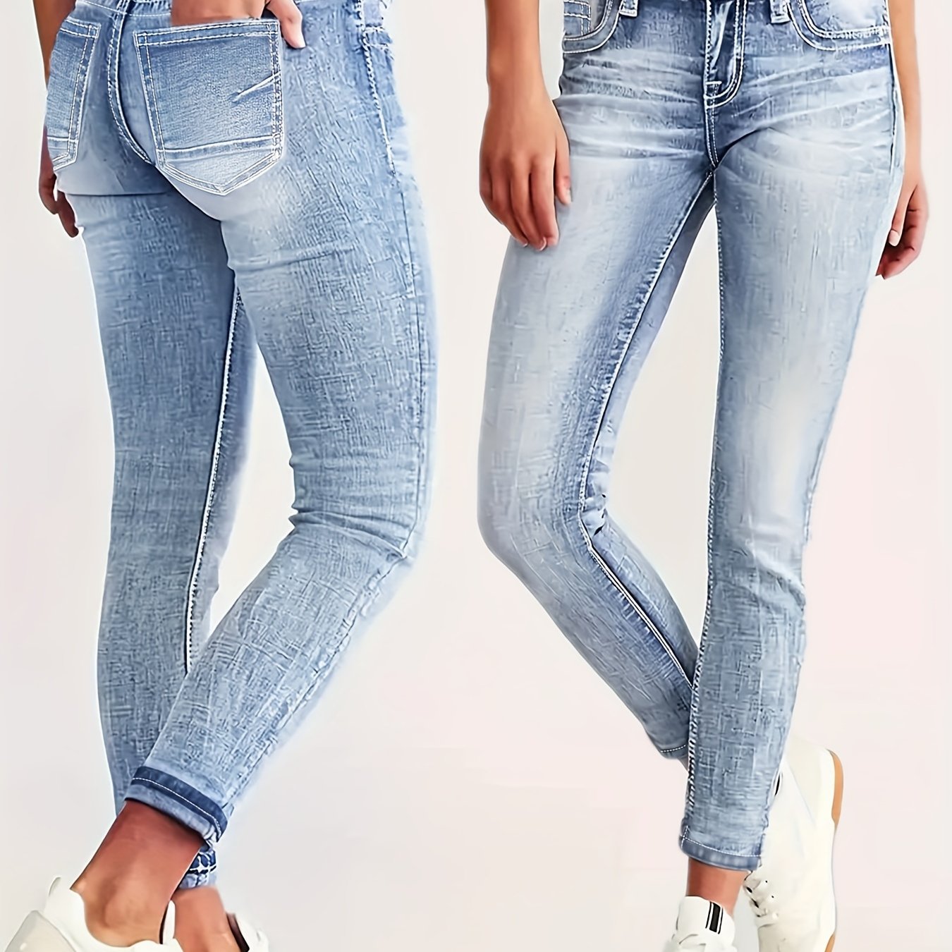 Plus o'lchamli ayollar uchun yuqori belli elastik denim jinsi ko'k vintage buzilgan