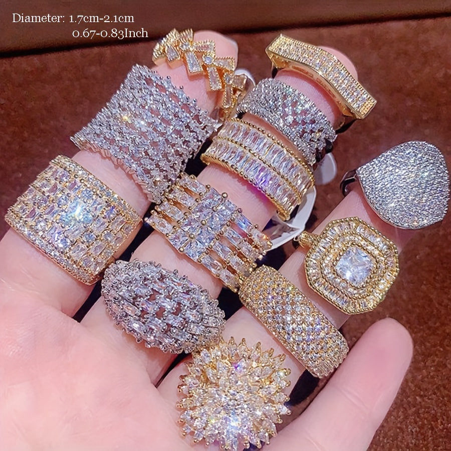 Juego de 10 anillos de zirconia cúbica para mujer con diseños variados, tallas, joyería para fiestas, bodas, San Valentín