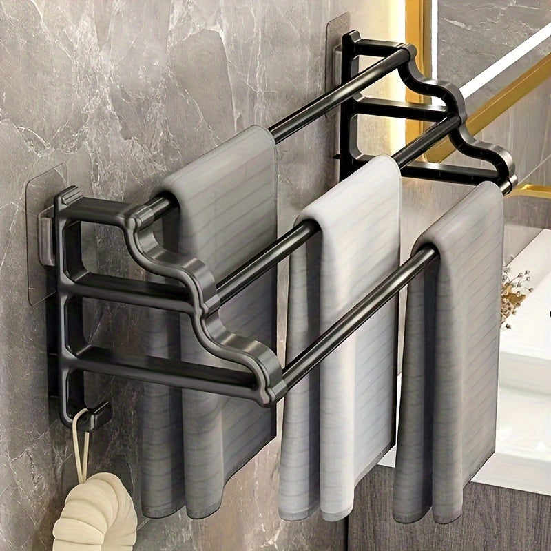 No-Installation Plastic Towel Rack with Dual Bars and Hooks for Bathroom Space Saving