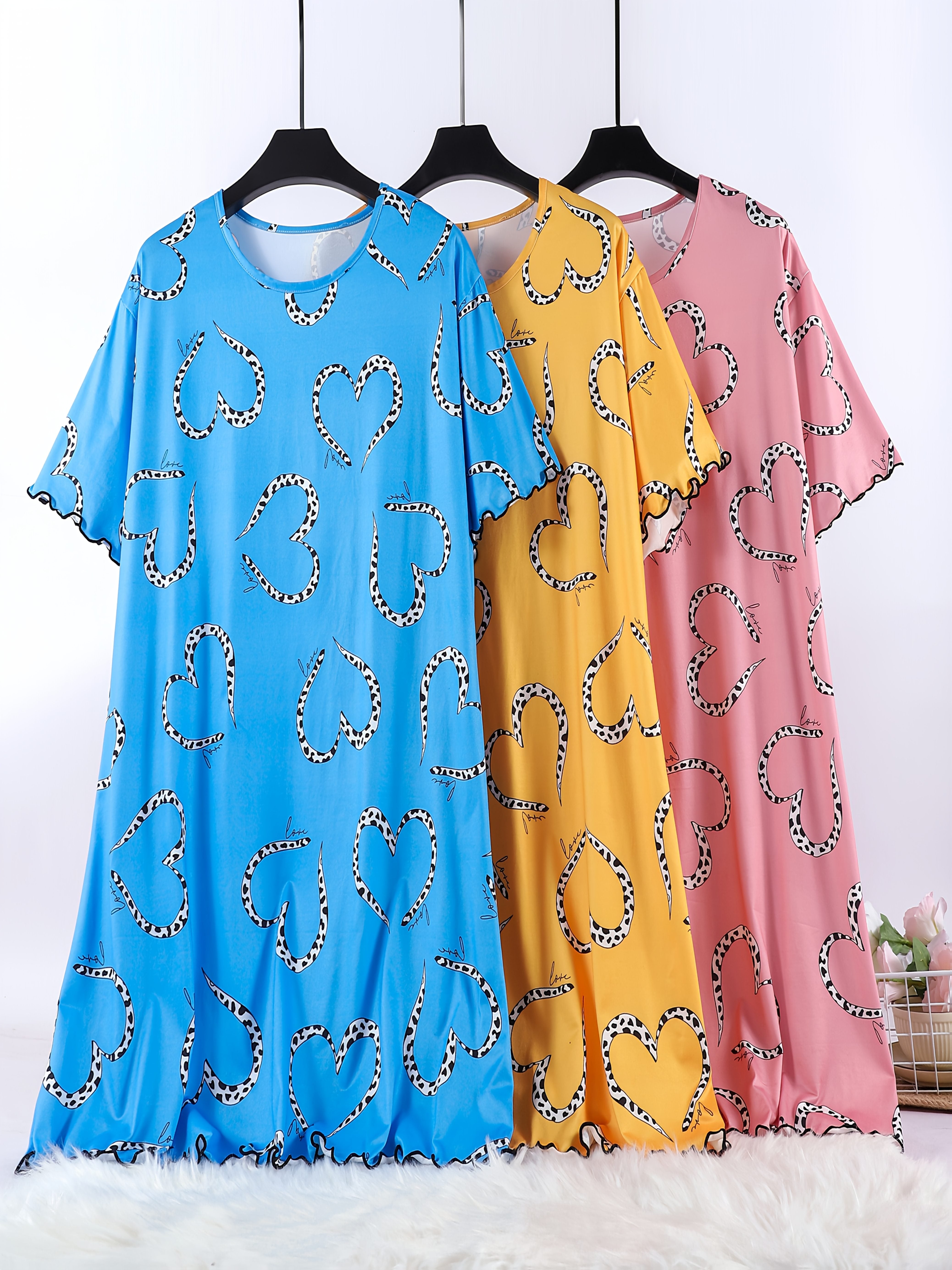 Women's Summer Sleep Dresses 3-Pack Short Sleeve Ruffled Nightgowns with Heart Print