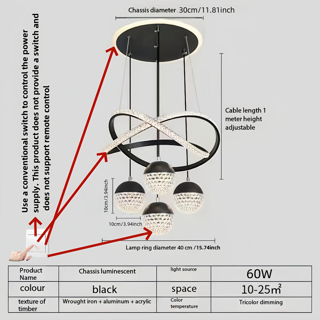 Modern LED Ceiling Light with 4 Acrylic Ball Pendants Dimmable Easy Install