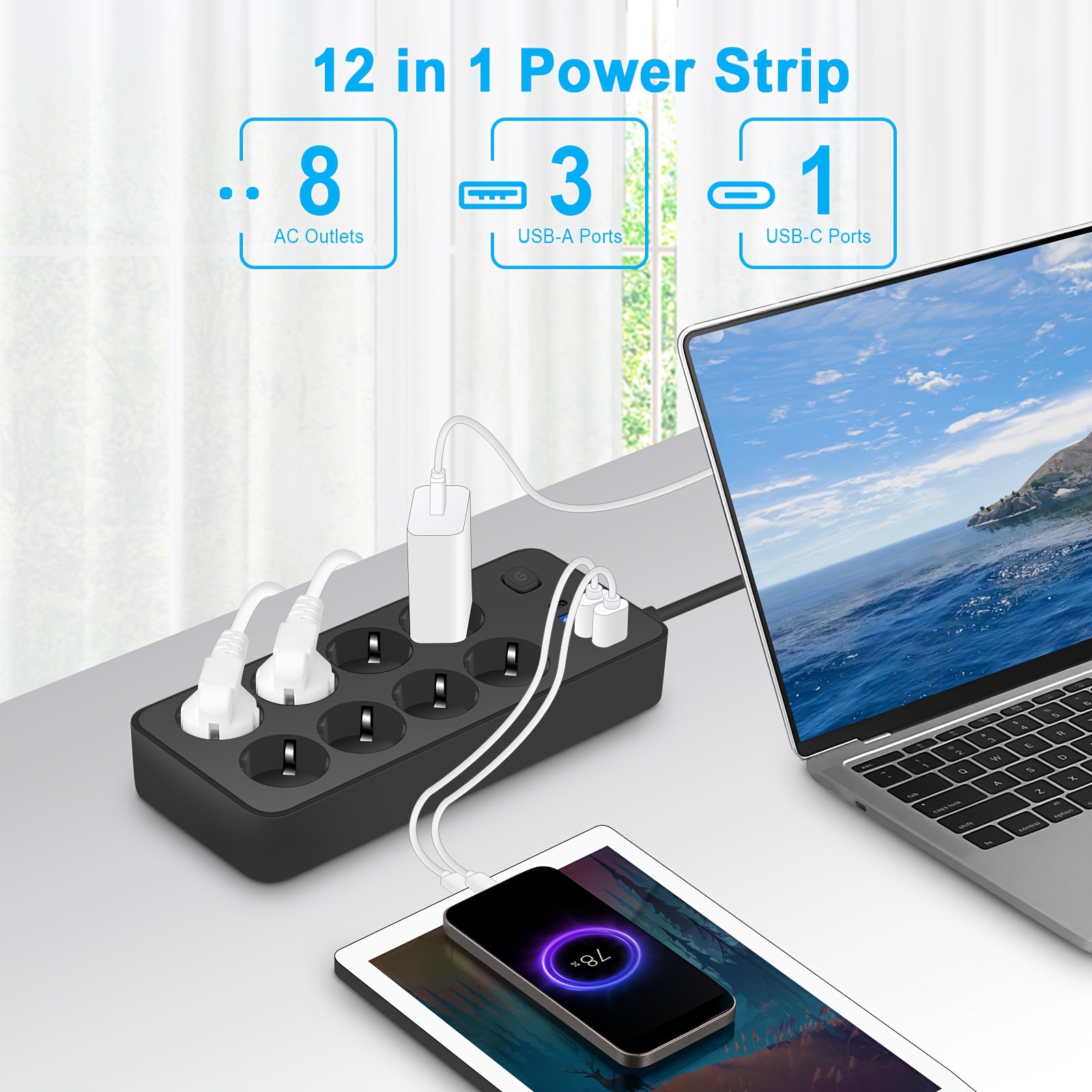 Surge Protector Power Strip with 6 Outlets 3 USB Ports 1 USB-C 182cm Extension Cord Wall Mount