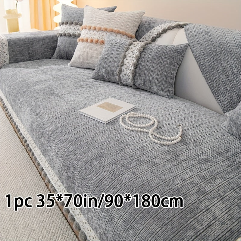 Зеленый чехол для дивана из шенилла с помпонами - водонепроницаемый и дружелюбный к домашним животным, подходит для всех размеров диванов (на 1-4 человека) - легкий в уходе, можно стирать в машине, с кисточками, идеален для любого декора комнаты