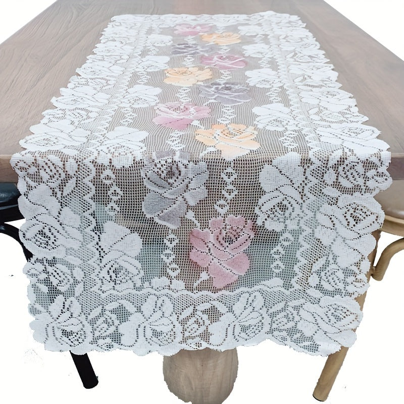 Polyester Lace Table Runner with Vintage Rose Design for Dining and Tea Tables