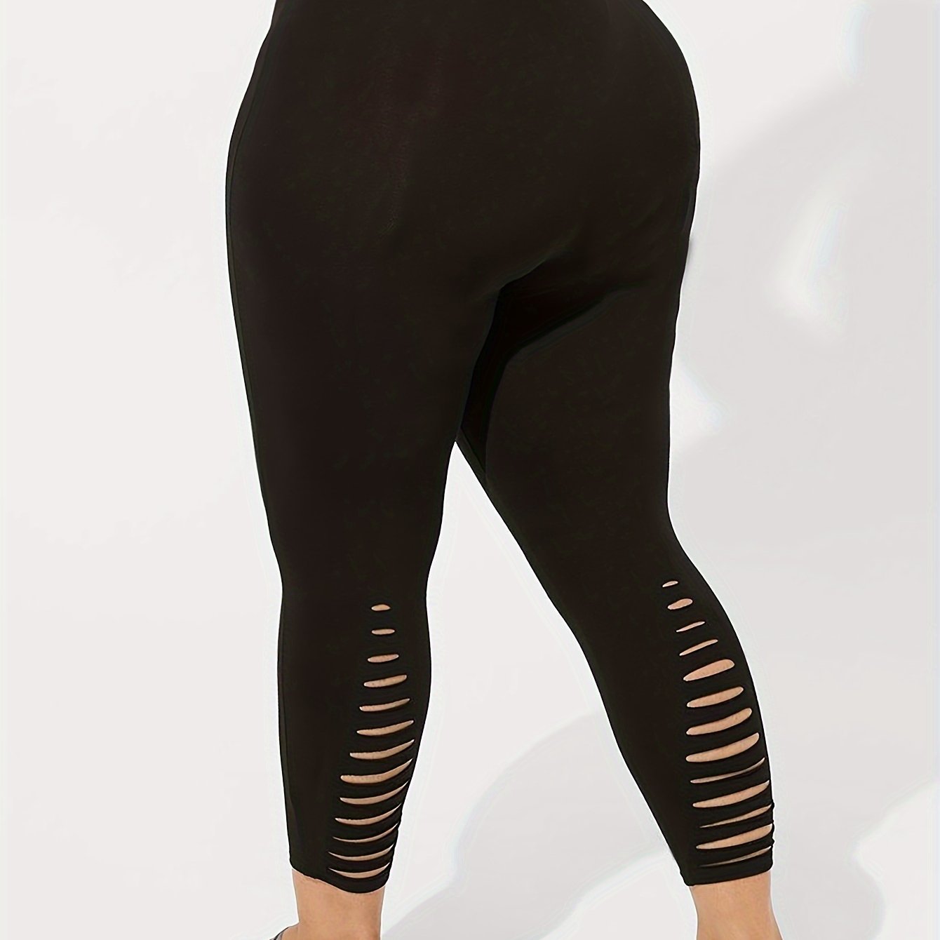 Plus Size Black High-Waisted Skinny Pants Ripped Hem Stretchy
