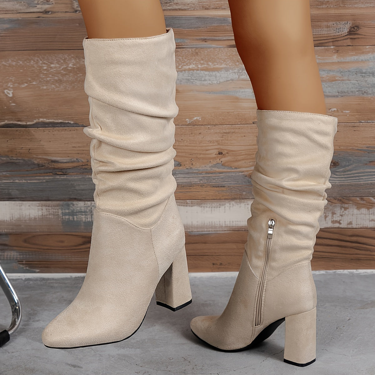 Women's Beige Mid-Calf Boots With Side Zipper and Chunky Heel