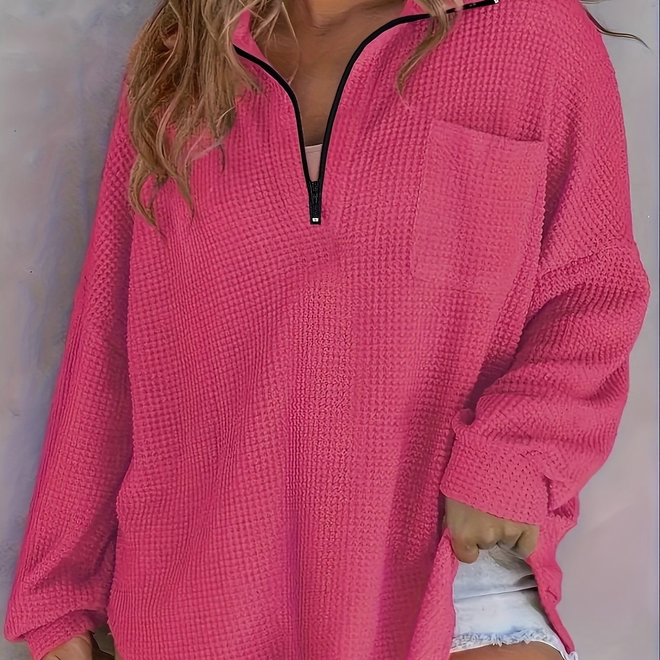 Plus Size Knit Pullover Sweatshirt Zipper V-Neck Polyester Spandex Solid Fall Winter