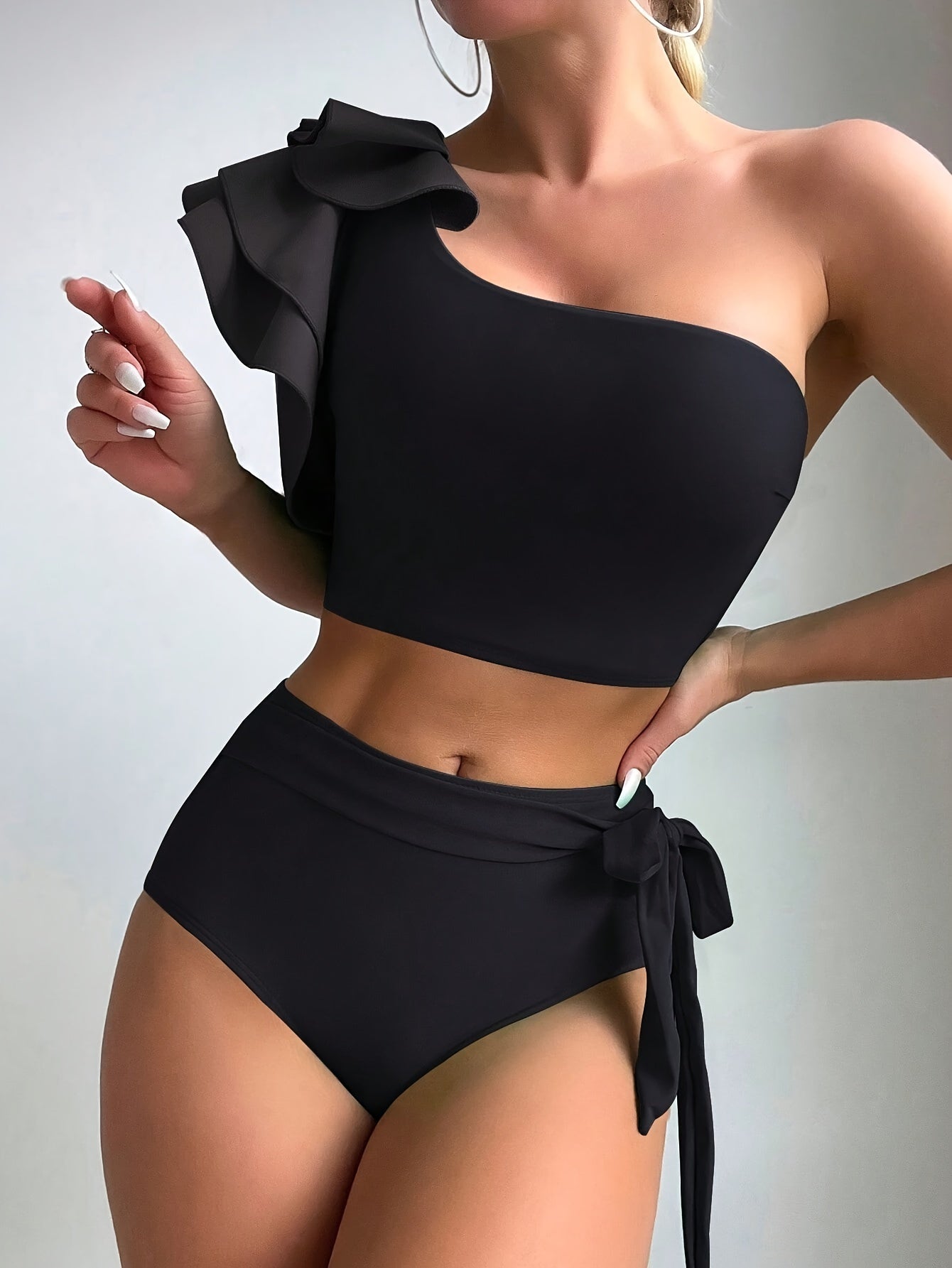 Conjunto de tankini de una pieza con capa de alta elasticidad y volantes para mujer