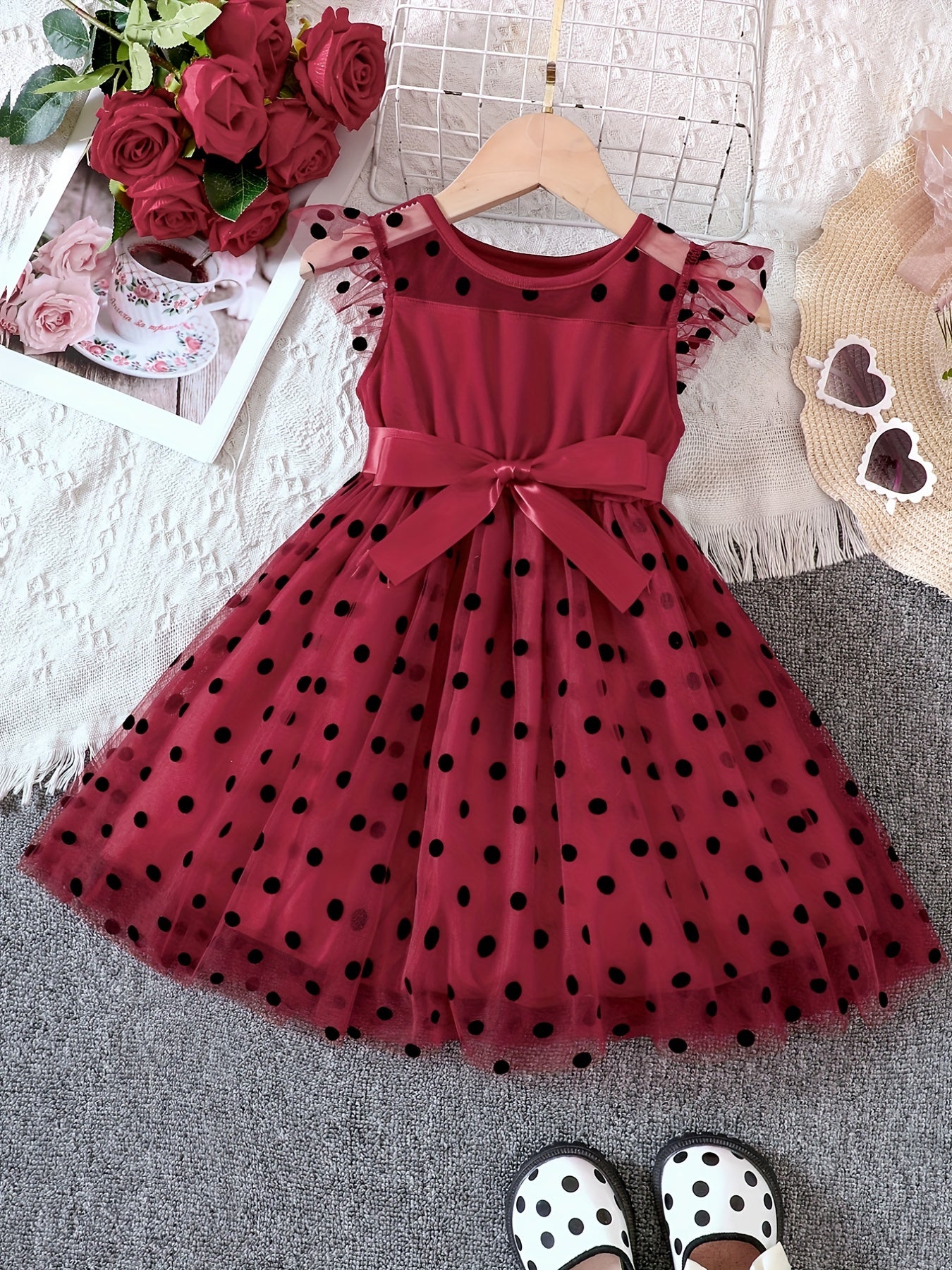 Girls Toddler Polka Dot Tutu Dress with Contrast Mesh for Parties and Vacations