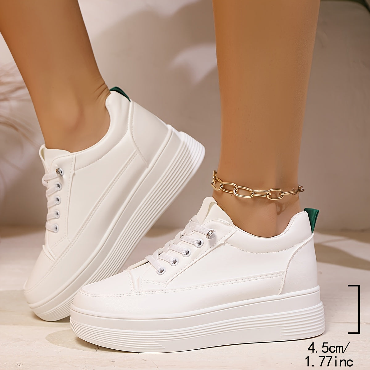 Women's White Low-Top Platform Sneakers with 2.54cm Lift for Casual Wear