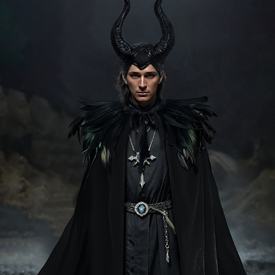 Halloween Costume Set for Women Gothic Witch with Velvet Cape Faux Feather Shawl and Maleficent Horns