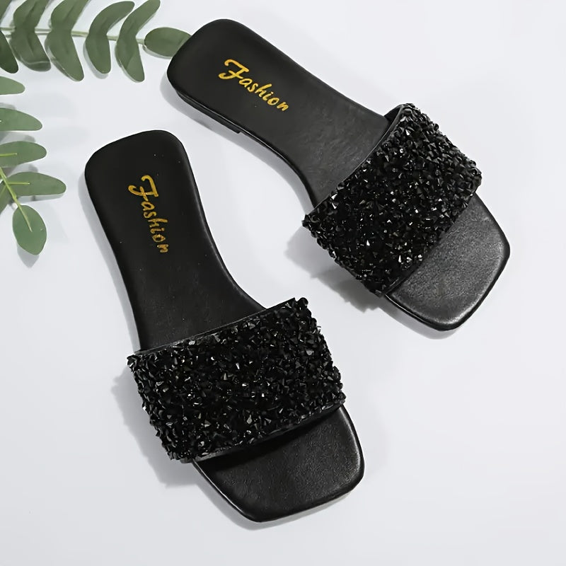 Women's Black Wide-Strap Rhinestone Flat Sandals Casual Vacation Ready