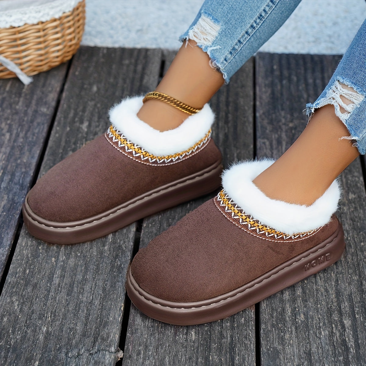 Women Cozy Fleece Lined Slippers Warm Brown Indoor Slip-Ons