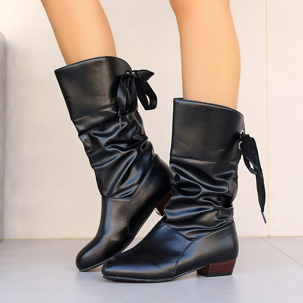 Women's Ribbon Tie Mid-Calf Wedge Boots Casual Slouchy Solid Color