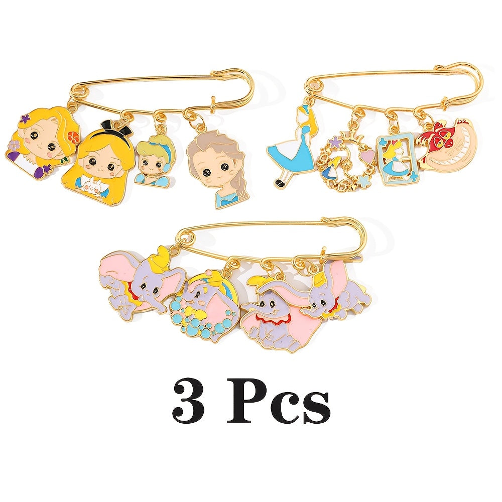 Set of 3 Cartoon Princess and Dumbo Enamel Brooch Pins Zinc Alloy Kids Girls Backpack Clothes Jewelry