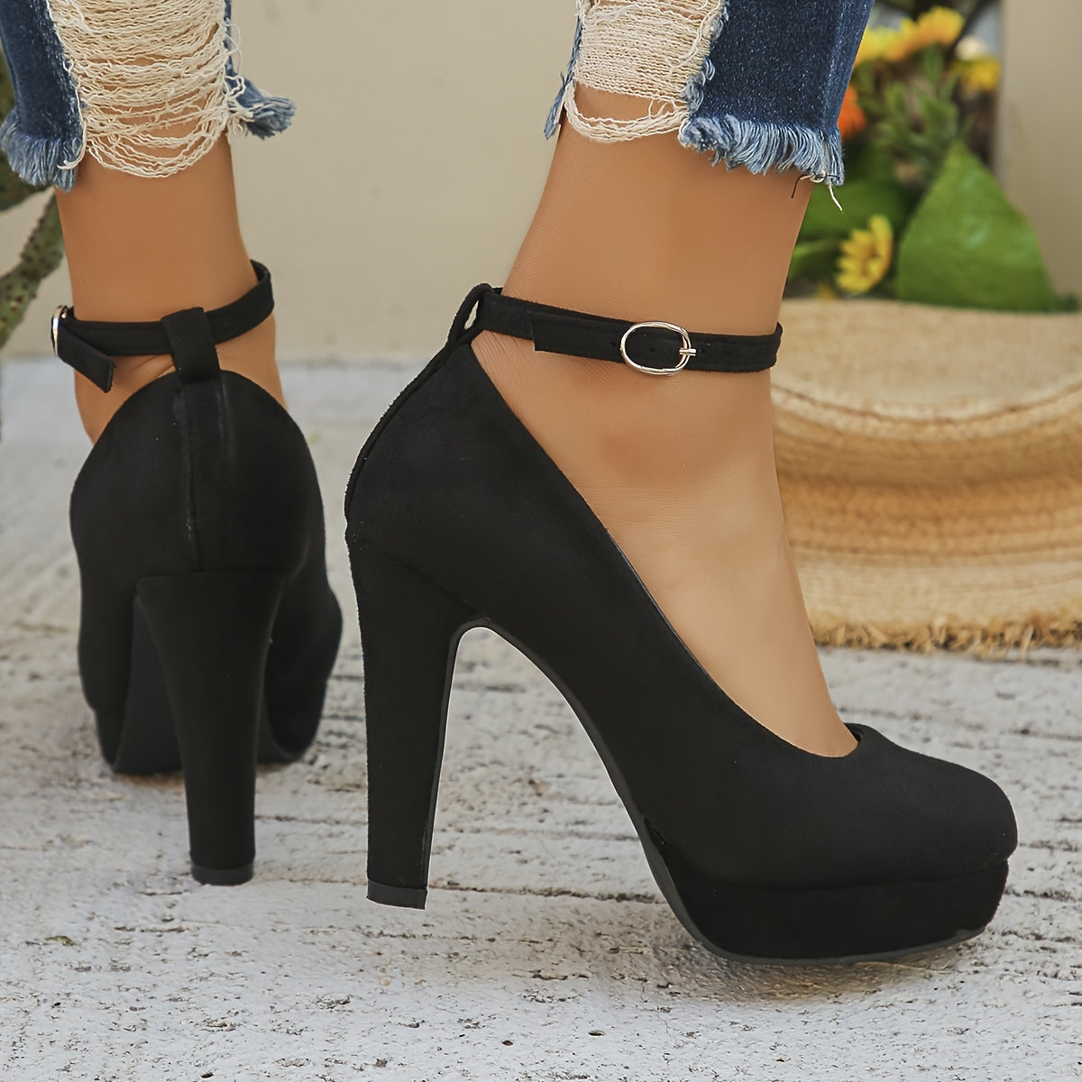 Women's Black Velvet High Heel Pumps with Ankle Strap for Work and Events