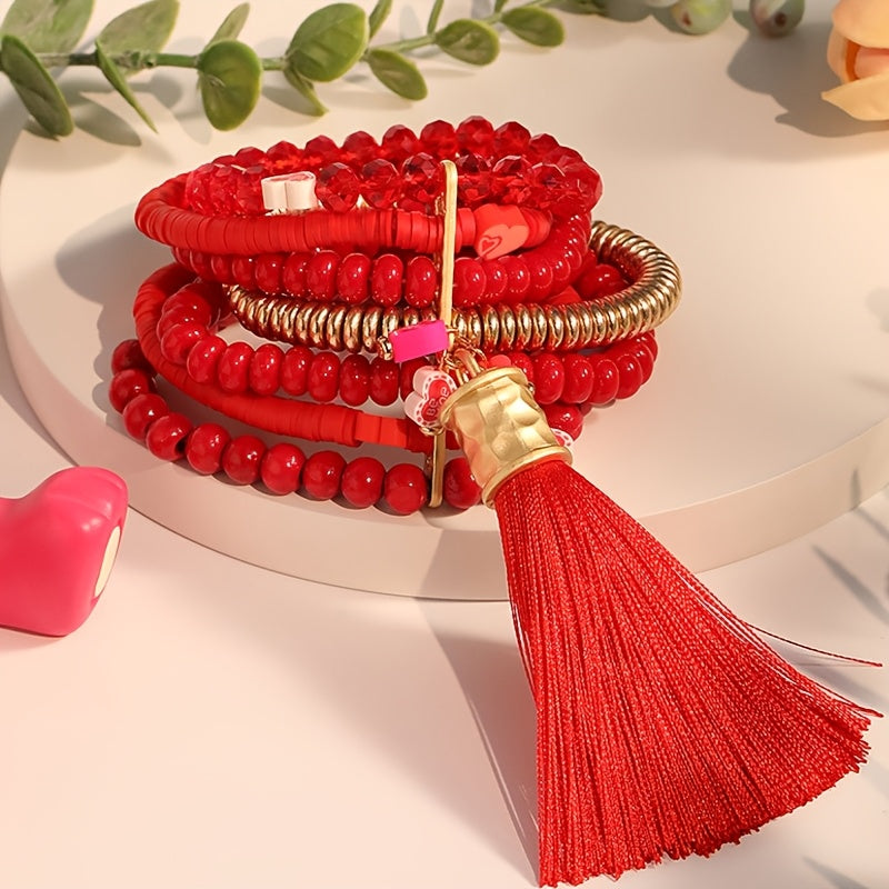 Red Beaded Heart Bracelet with Tassel Pendant Multi-Layer Boho Style for Women