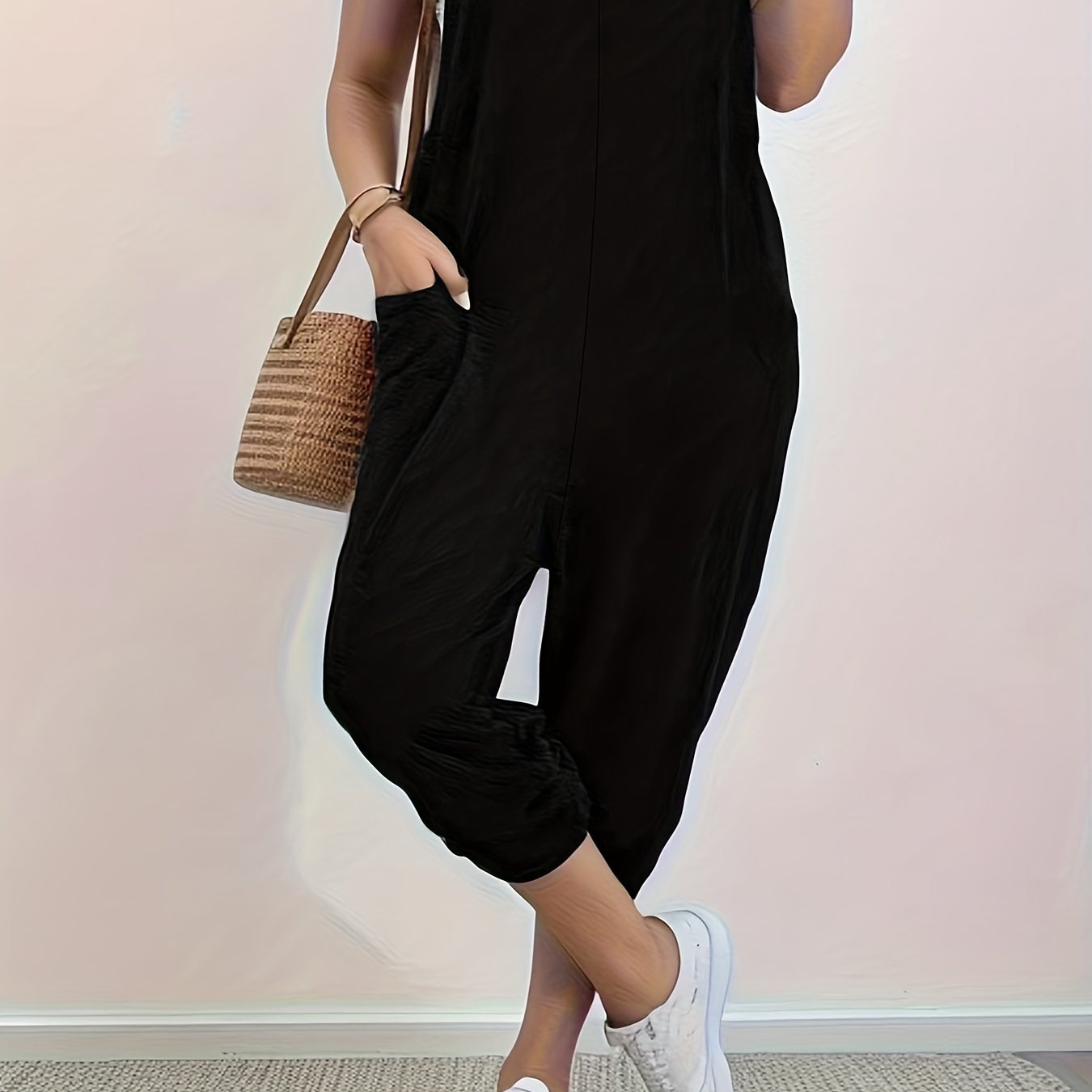 Women's Plus Size Solid Pocket Jumpsuit V-Neck Casual Summer Overall
