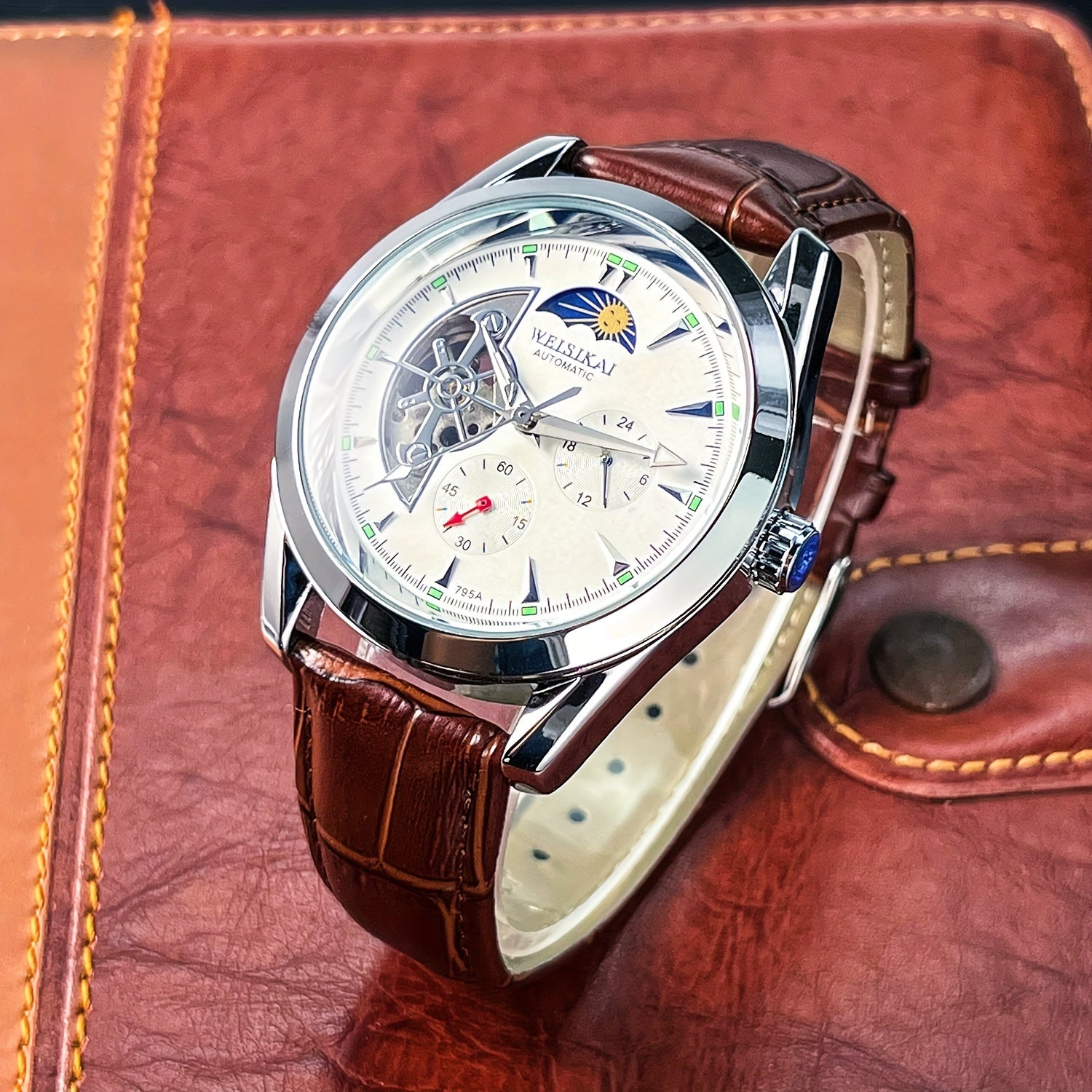 Men's Mechanical Watch with Moon and Star Design Automatic Leather Strap Business Style