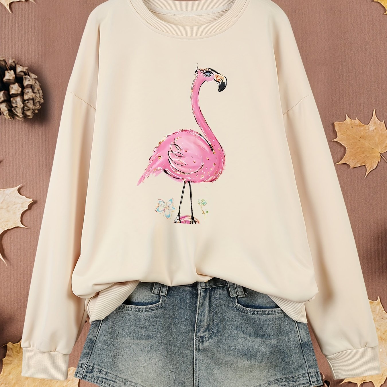 Women's Plus Size Flamingo Print Pullover Sweatshirt Long Sleeve Fall Spring
