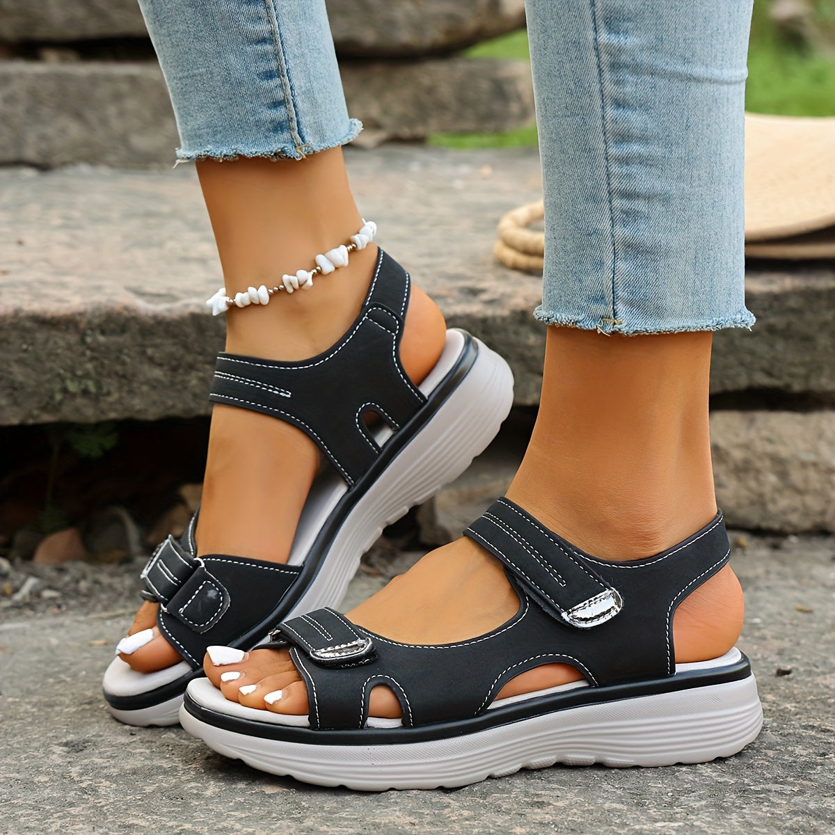 Women's Summer Faux Leather Open Toe Slip-On Flat Sandals