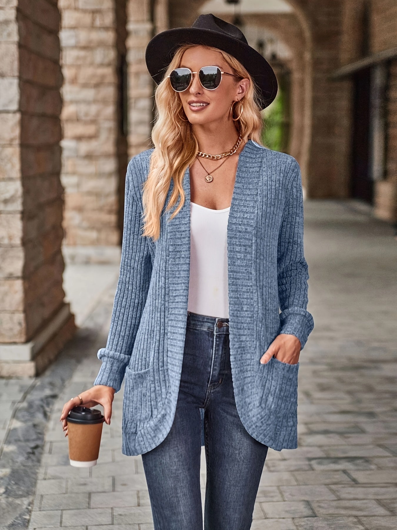 Women's Solid Color Ribbed Knit Cardigan with Pockets Long Sleeve Outerwear