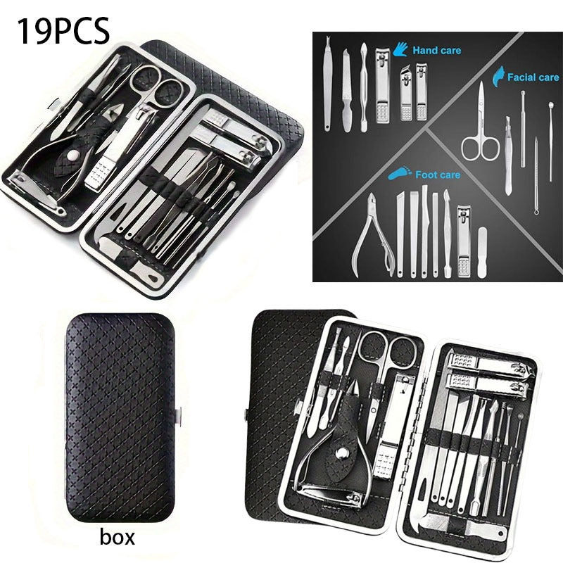 Set of 19 Stainless Steel Nail Clippers Manicure Pedicure Grooming Kit with Travel Case