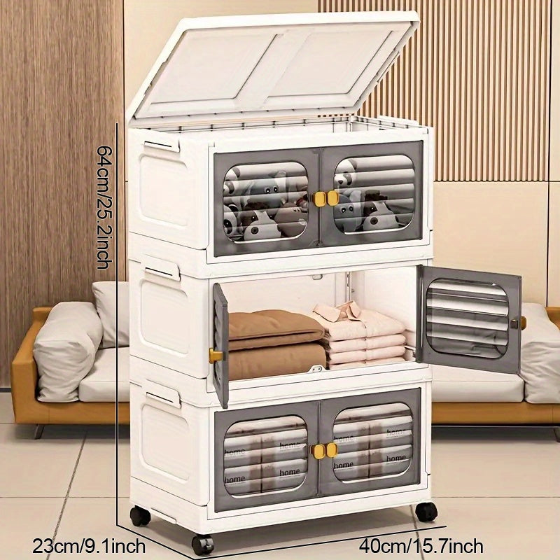 3 qavatli, suv o'tkazmaydigan, yig'ilishi shart bo'lmagan, egiluvchan plastik saqlash shkafi. Oq rangda, oltin aksentlar bilan, yotoqxona va uy tartibi uchun ideal.