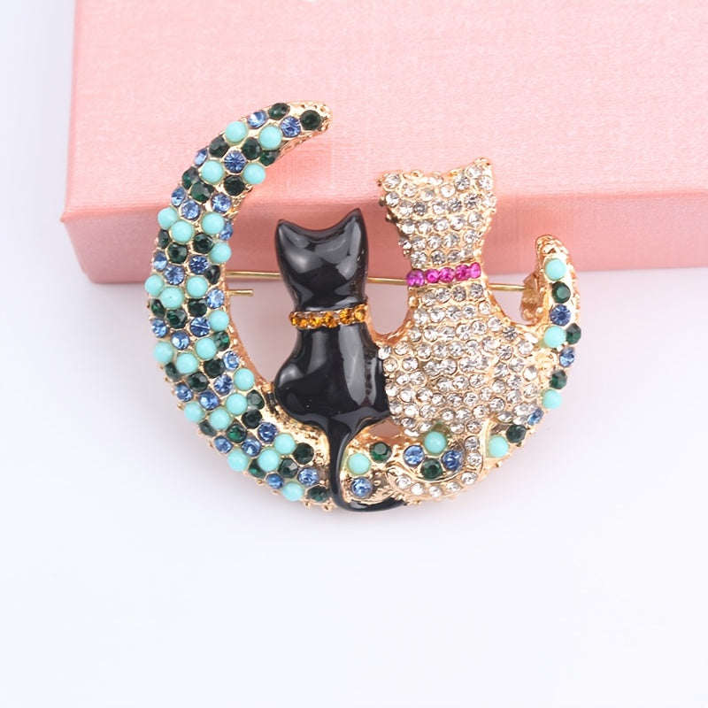 Rhinestone Cat and Moon Brooch Pin Alloy Fashion Accessory for Women