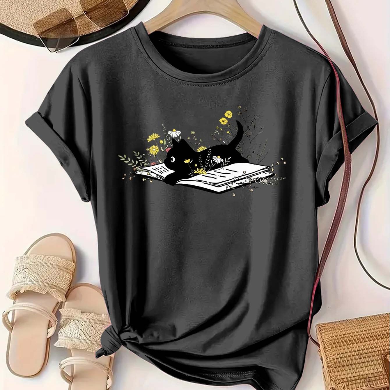 Women’s Cotton T-Shirt With Cat and Flower Print, Soft, Comfortable, Casual Top