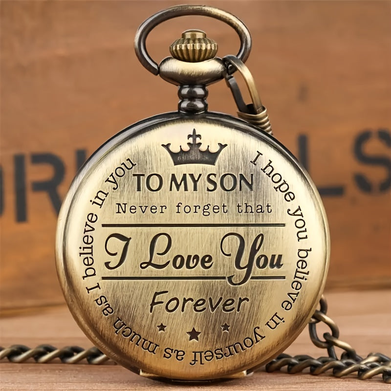 Men's Bronze Pocket Watch with Engraved I Love You Message Circular Dial Quartz Movement Durable Alloy Casing
