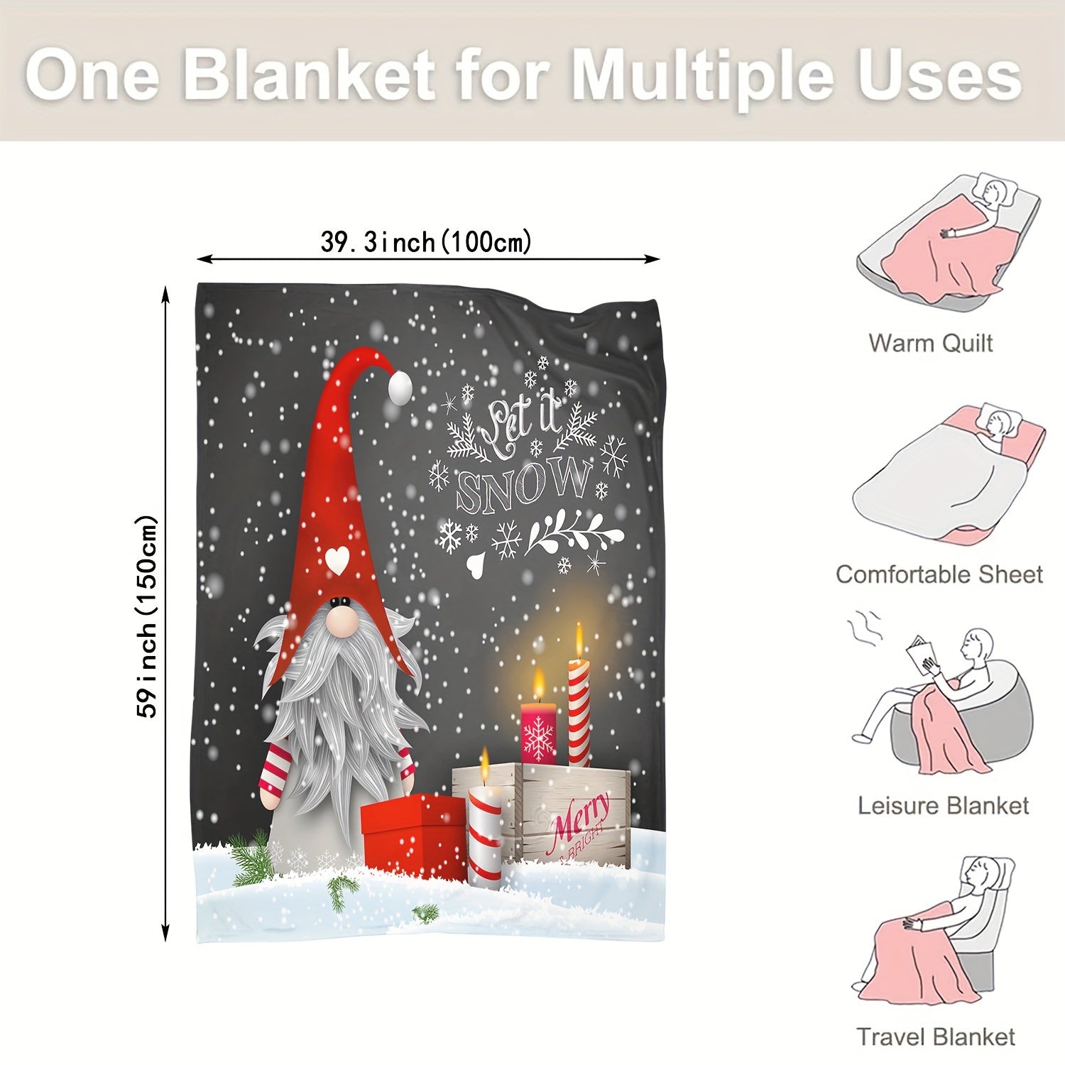 Christmas Gnome Print Flannel Blanket Lightweight Knit for Home and Gifting