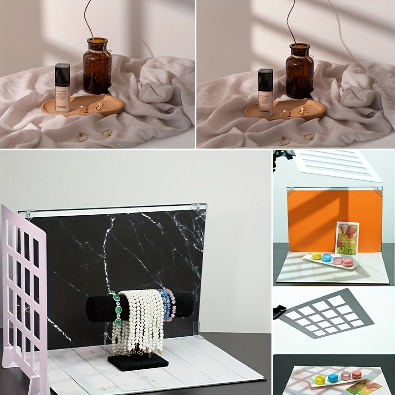 Photography Backdrop Kit with 16 Patterns and 10 Cardboard Photo Boards for Food Jewelry Mini Items