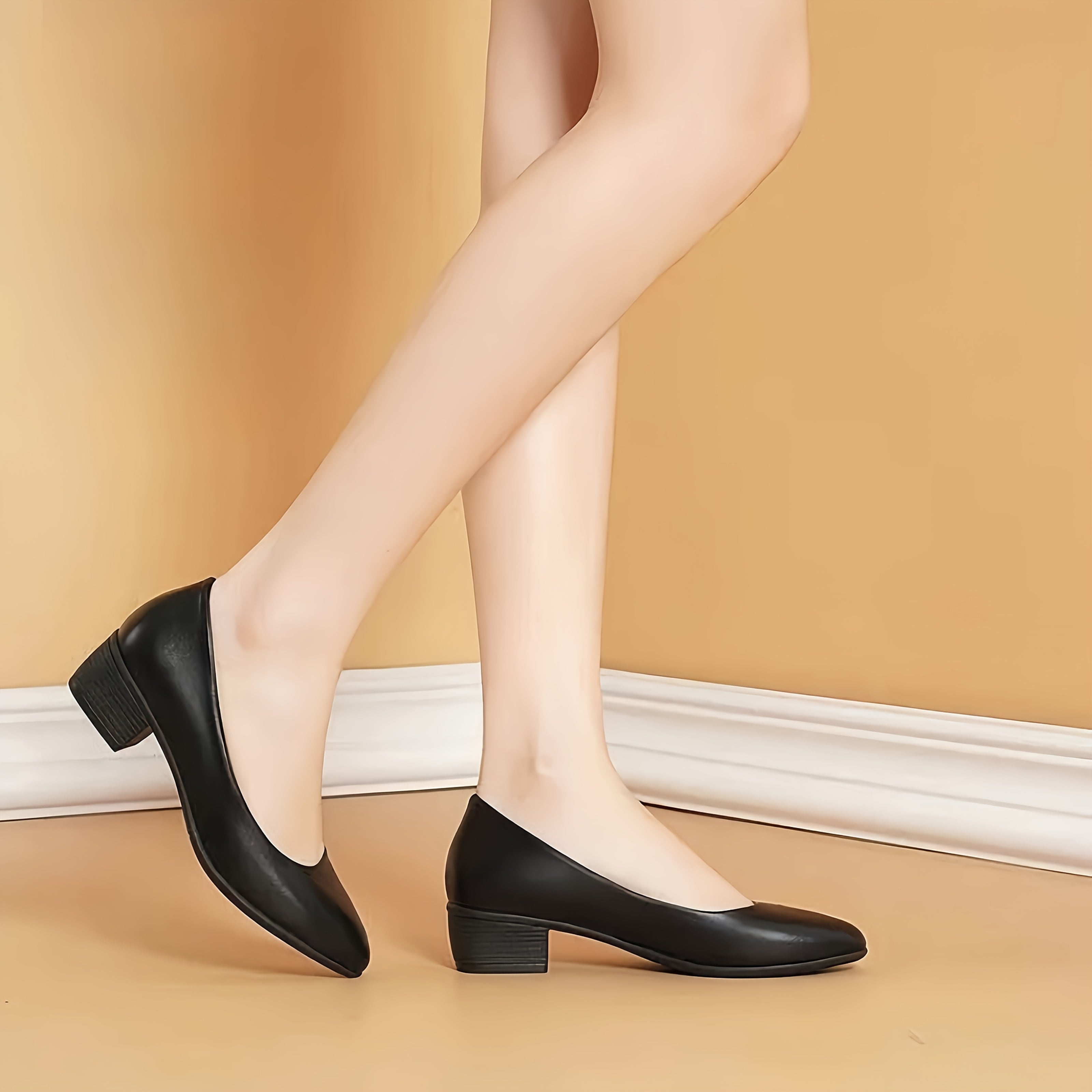 Women's Black Almond Toe Low Block Heel Flats with Cushioned Insole