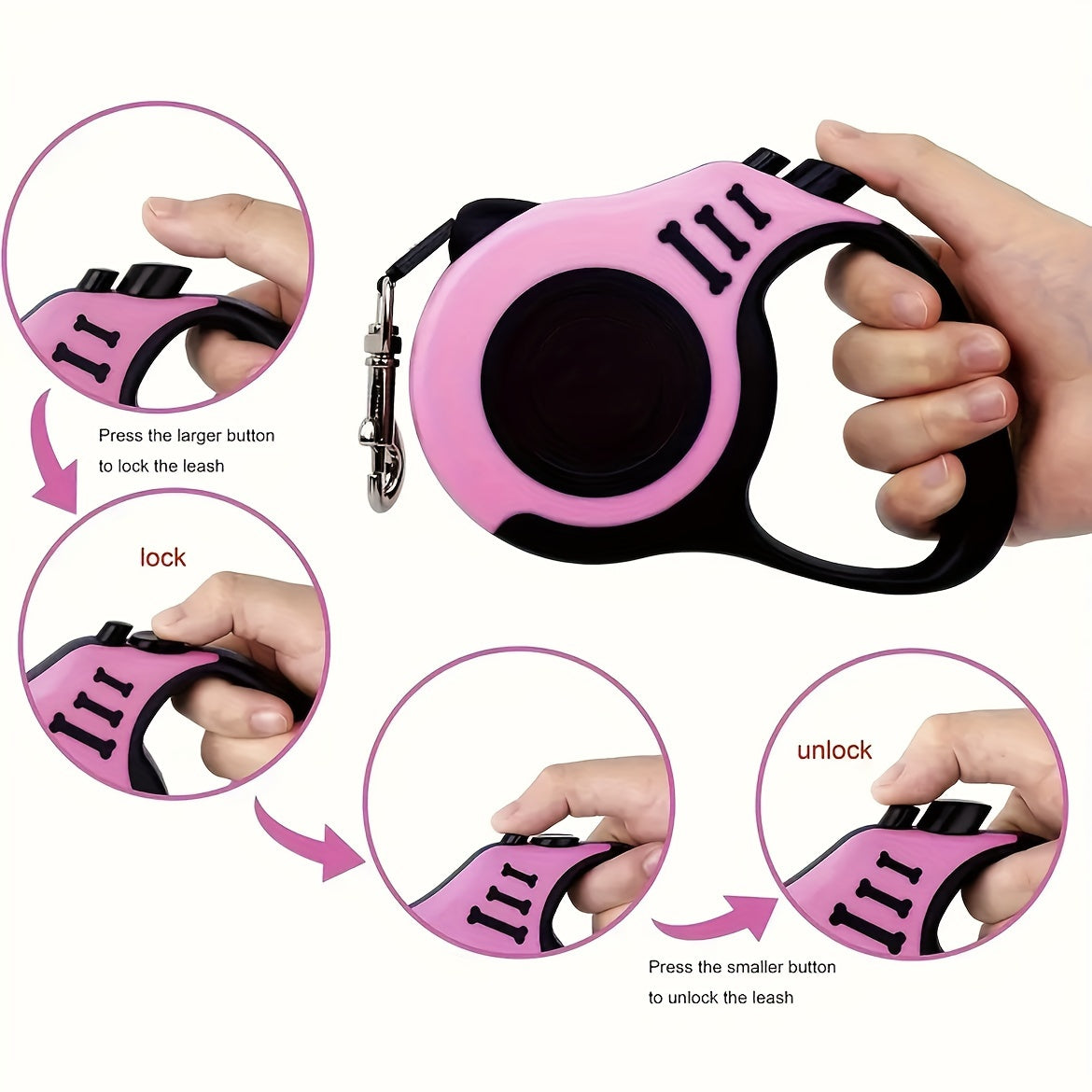 10-Foot Retractable Dog Leash Polyamide with Dual-Button Brake Lock and Comfort Grip