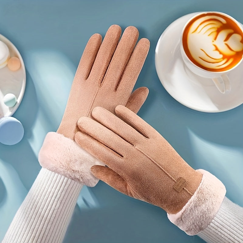 Yumshoq Plush Qulf Suede Qo'lqoplar, Qattiq Rangda, Qo'shimcha Issiqlik Uchun Velur Bilan - Ayollar Uchun Kuz va Qish Qo'lqoplari, Shamol va Sovuqdan Himoya Uchun