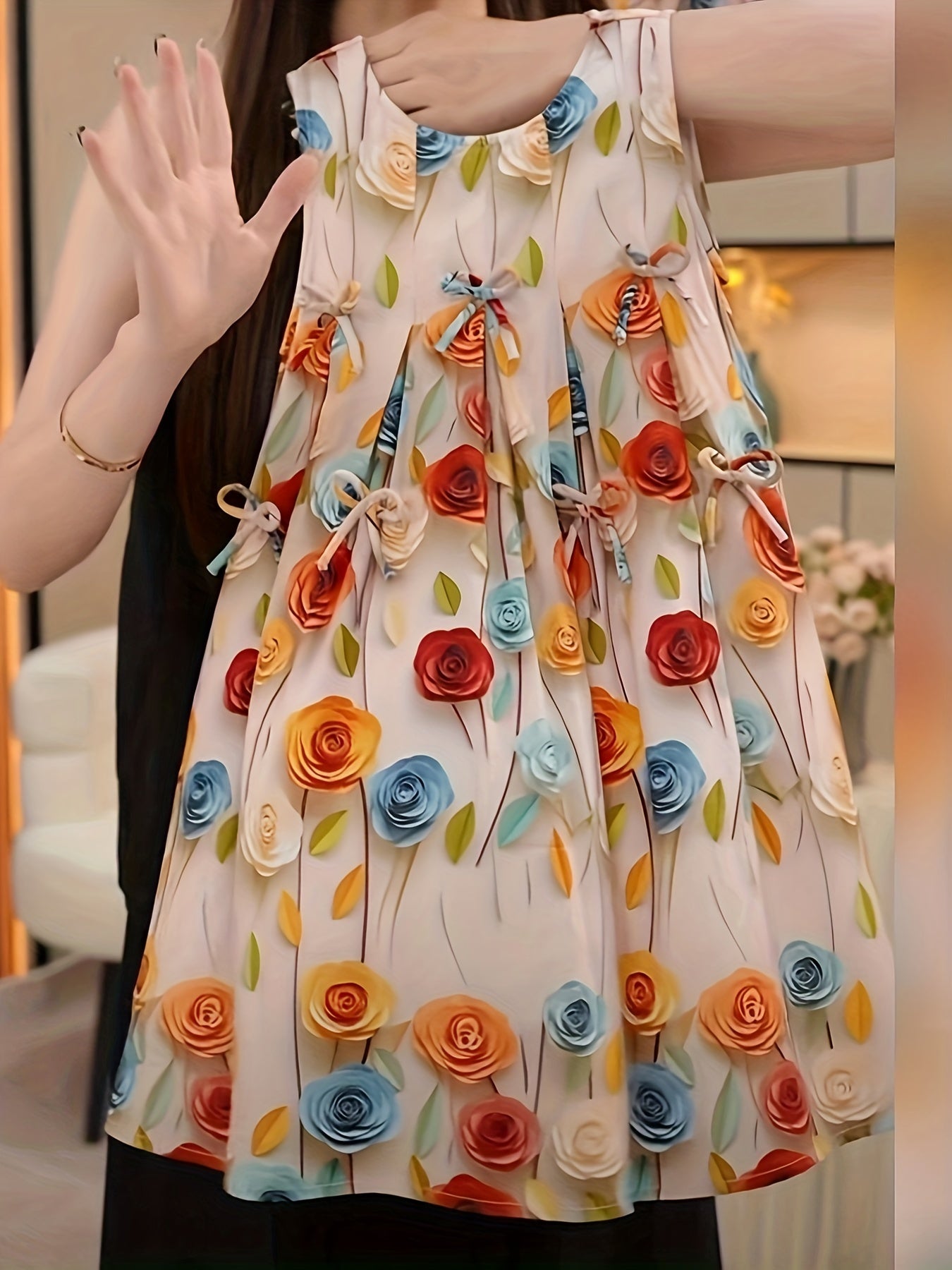 Girls' Summer Floral Sleeveless Dress with Hat for Beach and Casual Wear