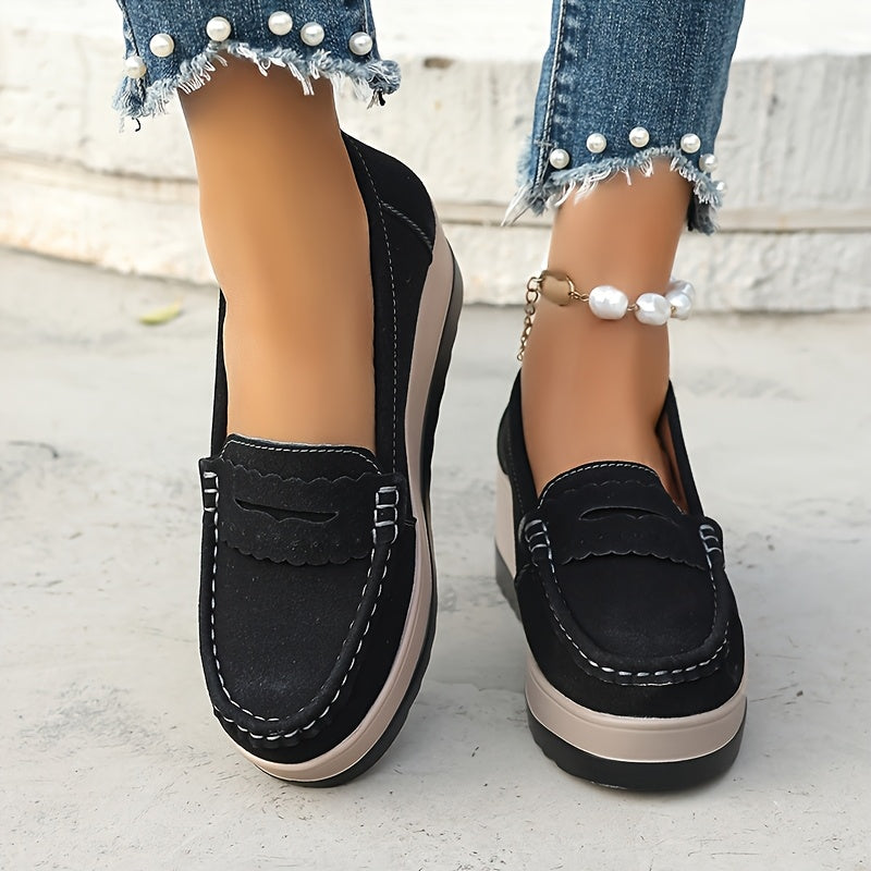 Women's Platform Loafers Slip-On Casual Shoes Non-Slip Solid Color