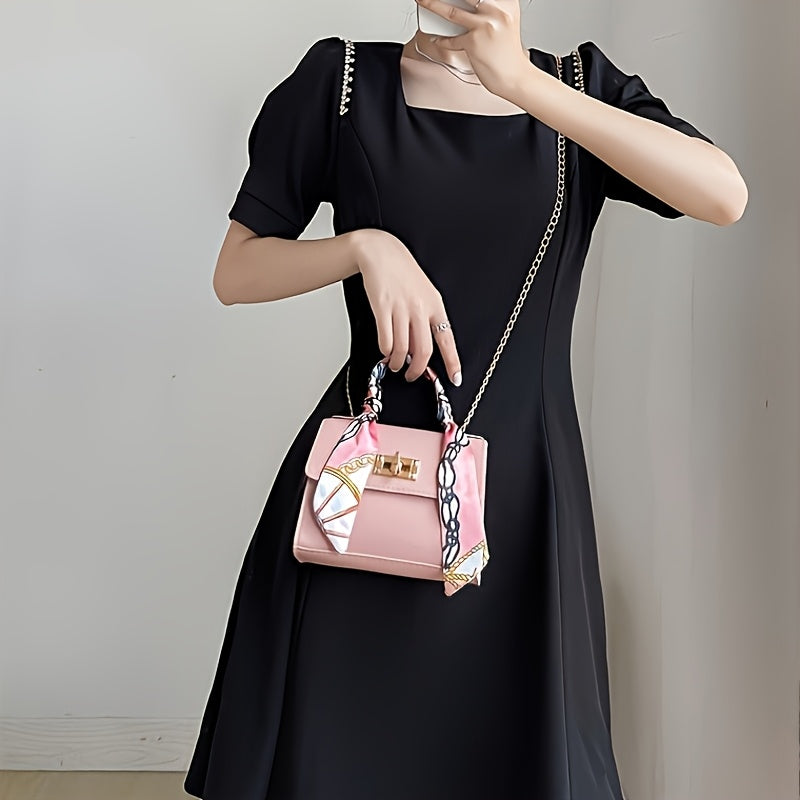 Women's PU Leather Crossbody Bag with Geometric Print and Scarf Accent