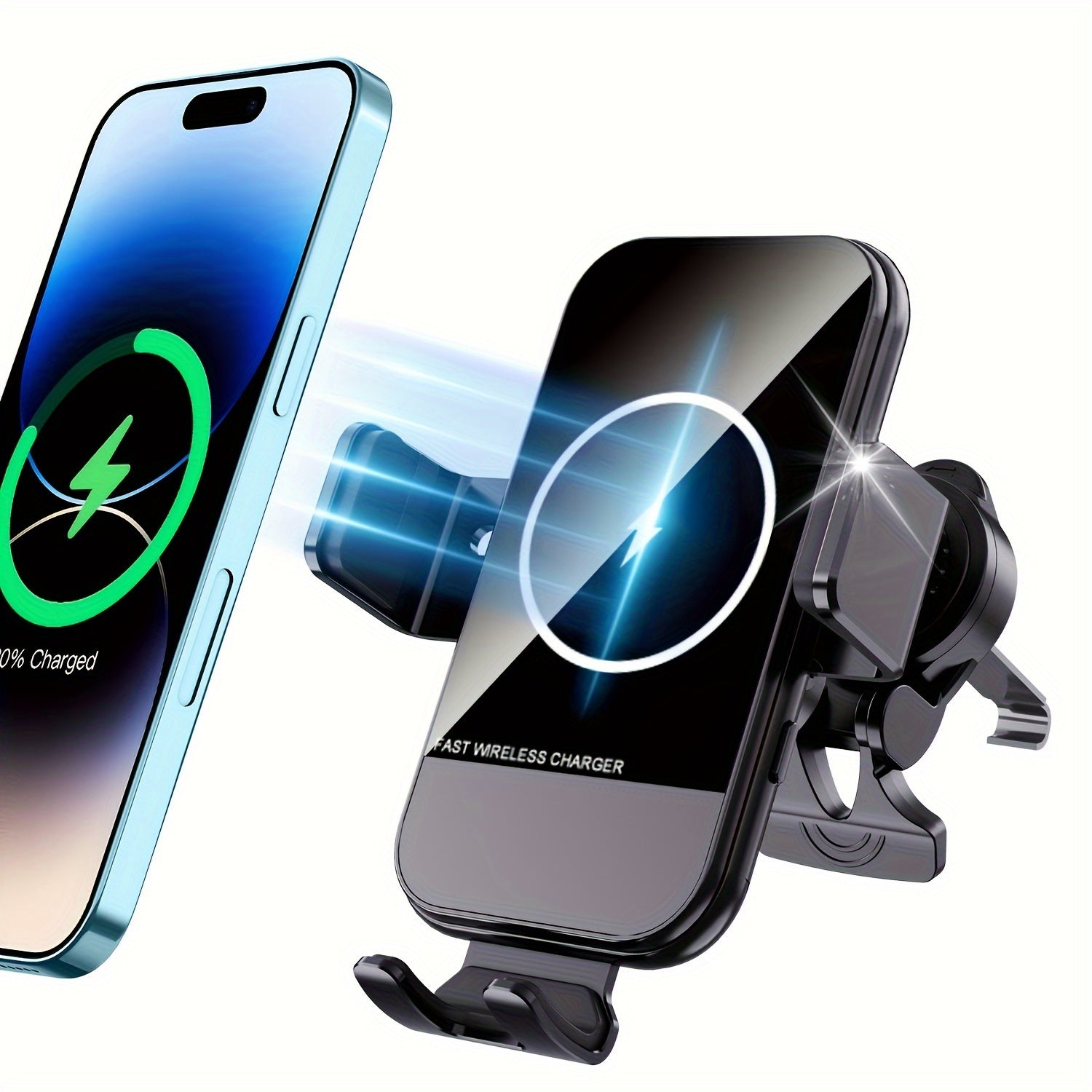 Cargador inalámbrico para coche Qi de carga rápida con sujeción automática y soporte para teléfono para ventilación