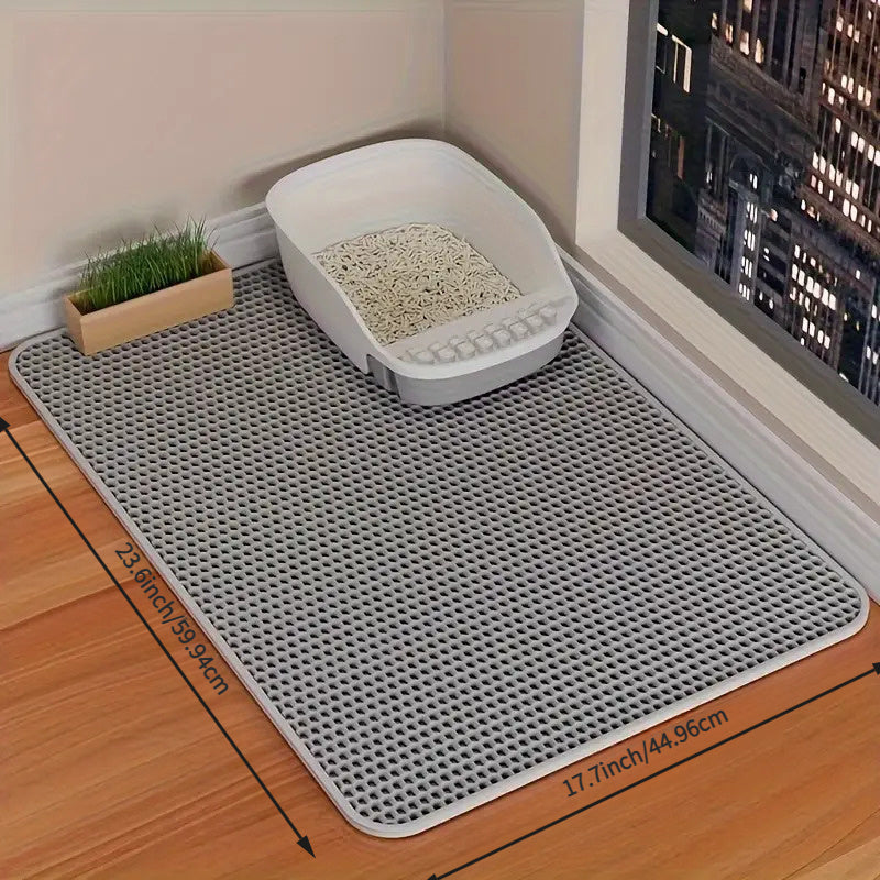 Alfombrilla de doble capa para arena de gato EVA con bordes elevados anti-disperción, superficie con agarre hexagonal, fácil de limpiar, compatible con todas las cajas de arena